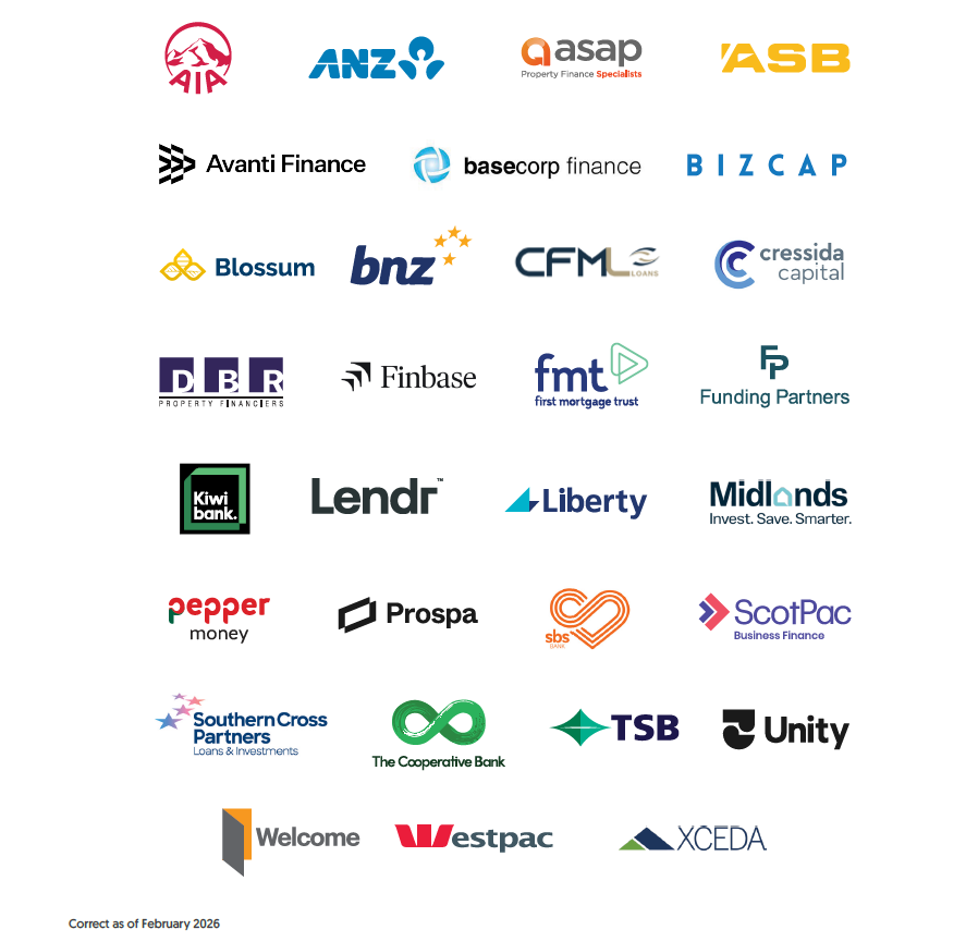 Our lending partners: AIA, ANZ, ASAP, ASB, Avanti Finance, Basecorp Finance, BIZCAP, Blossum, BNZ, CFML, Cressida Capital, DBR, Finbase, First Mortgage Trust, Funding Partners, Kiwibank, Lendr, Liberty, Midlands, Pepper Money, Prospa, SBS Bank, ScotPac, Southern Cross Partners, The Co-operative Bank, TSB, Unity, Welcome, Westpac, and Xceda.